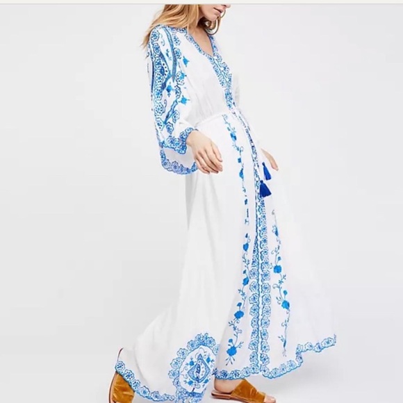 5 Star ⭐️ Maxi Bohemian Embroidery Laser Cut Blue Contrast Chloe Summer … - Picture 2 of 12
